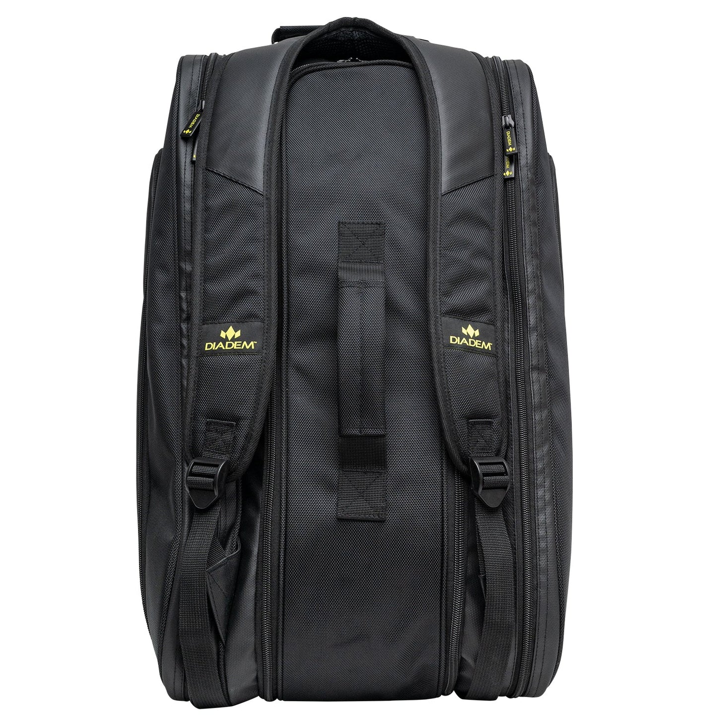 The back of a black Diadem Tour V2 backpack designed for holding sports equipment, featuring multiple compartments.