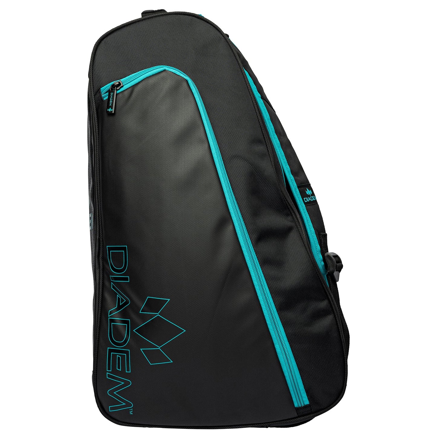 A black and blue Diadem Tour V2 backpack designed for holding sports equipment, featuring multiple compartments.