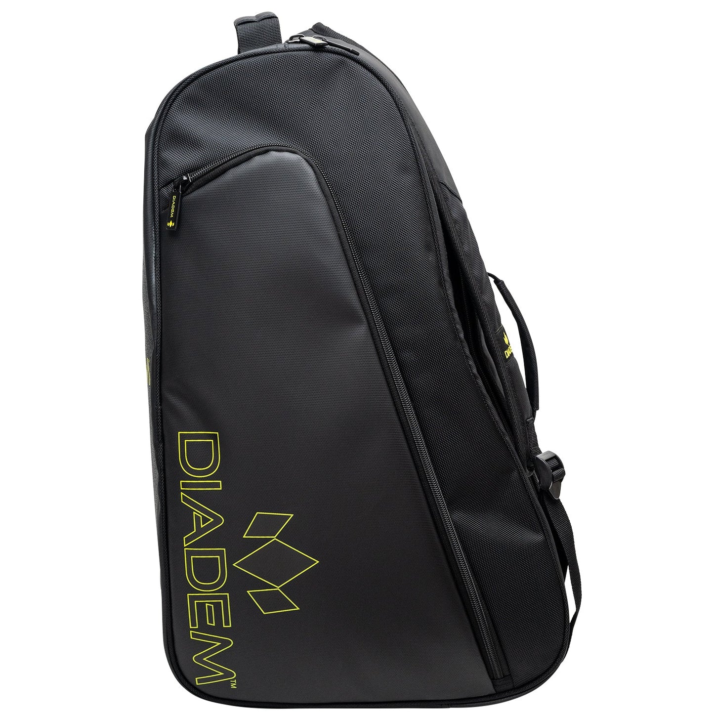 A black and yellow Diadem Tour V2 backpack designed for holding sports equipment, featuring multiple compartments.