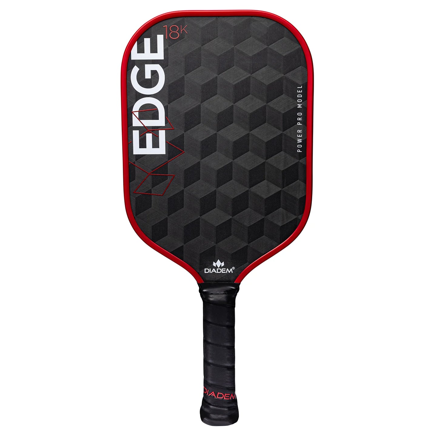 A black and red Diadem Edge 18K pickleball paddle with a geometric pattern and the brand name prominently displayed.