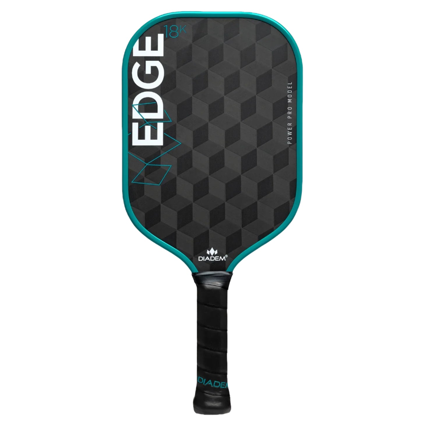 A black and teal Diadem Edge 18K pickleball paddle with a geometric pattern and the brand name prominently displayed.