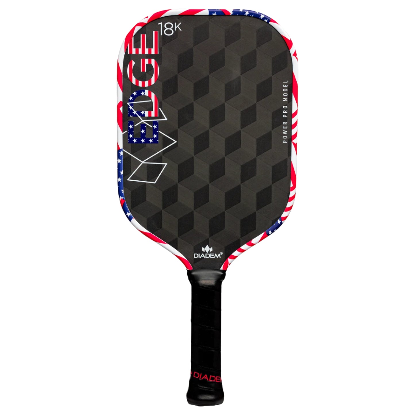 A black blue white and red Diadem Edge 18K pickleball paddle with a geometric pattern and the brand name prominently displayed.