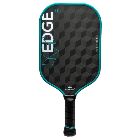 A black and blue Diadem Edge 18K pickleball paddle with a geometric pattern and the brand name prominently displayed.