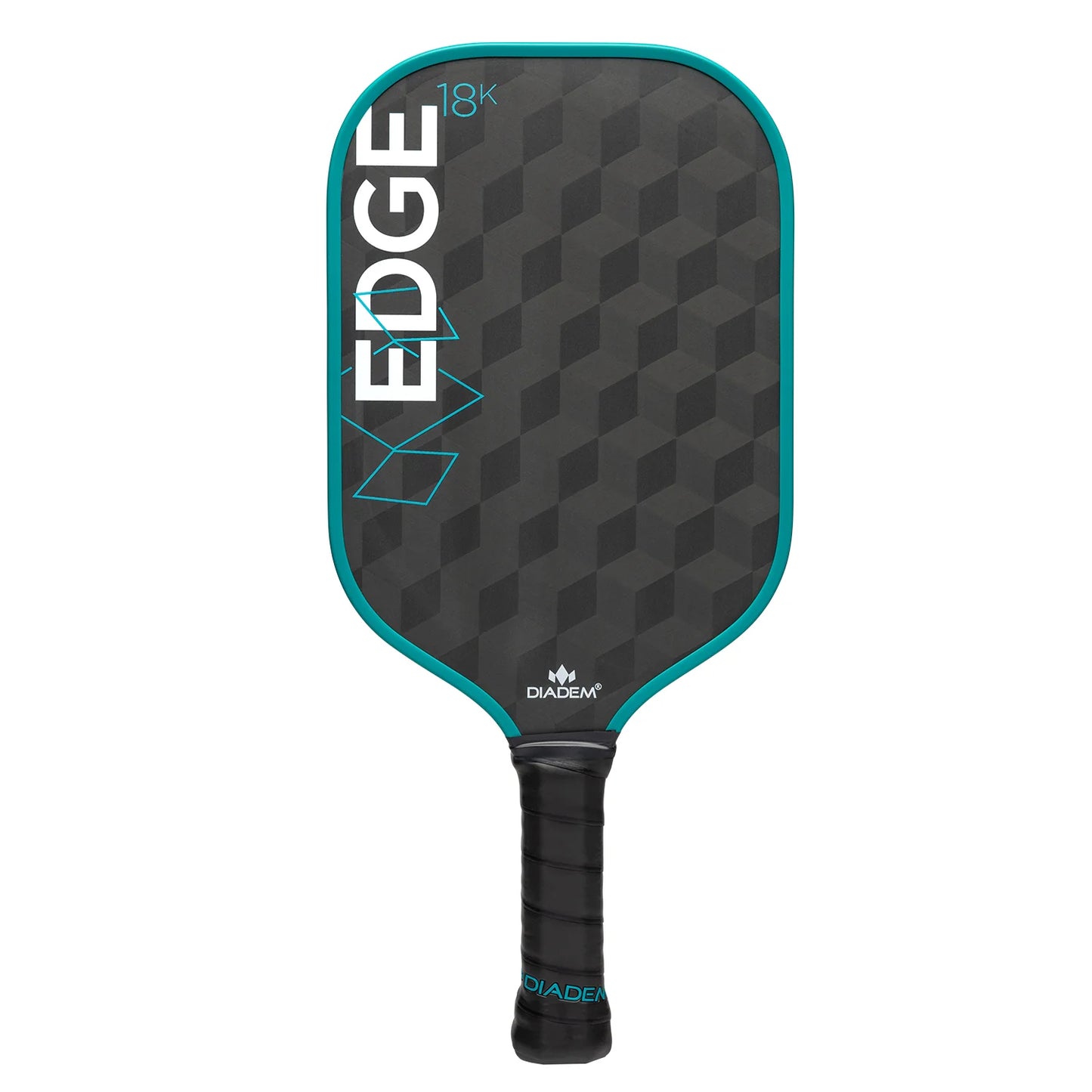 Black and blue pickleball paddle with geometric pattern on a white background