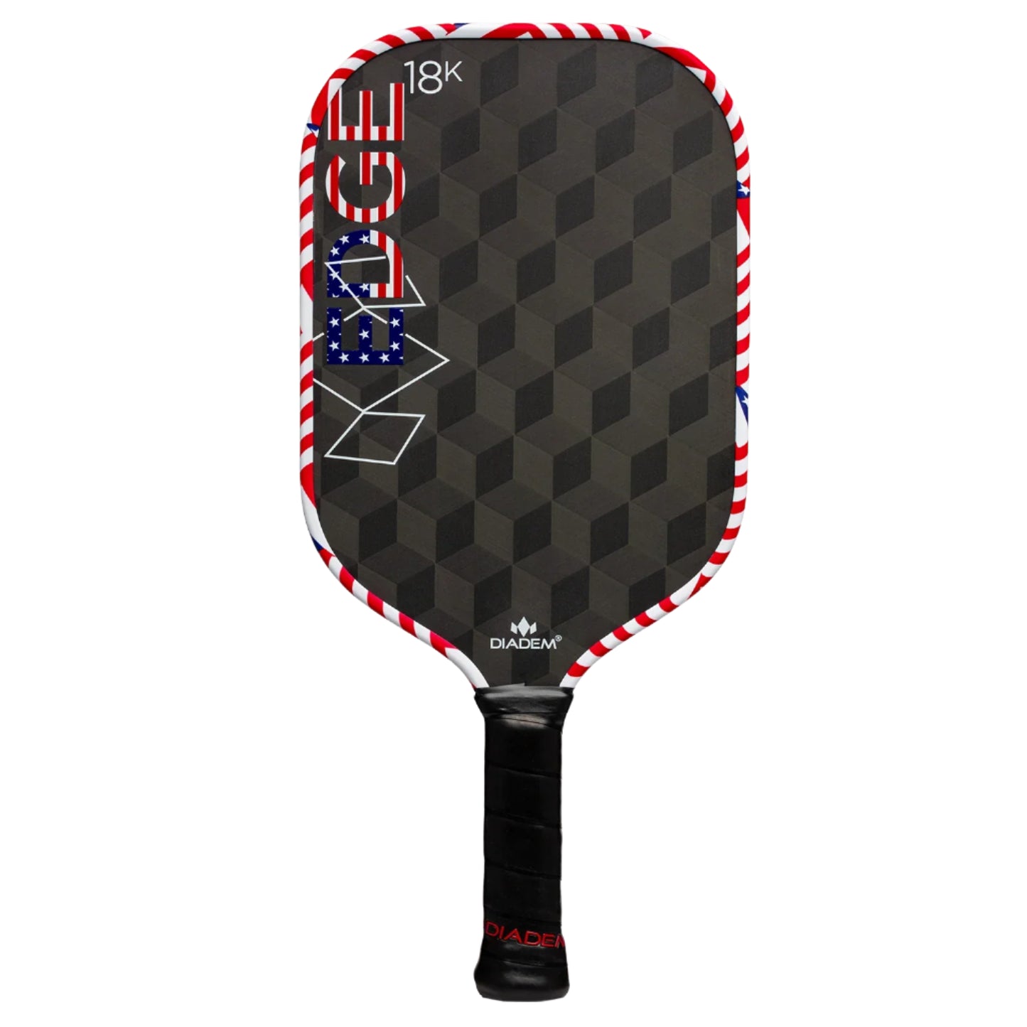 Pickleball paddle with black and red design on a white background