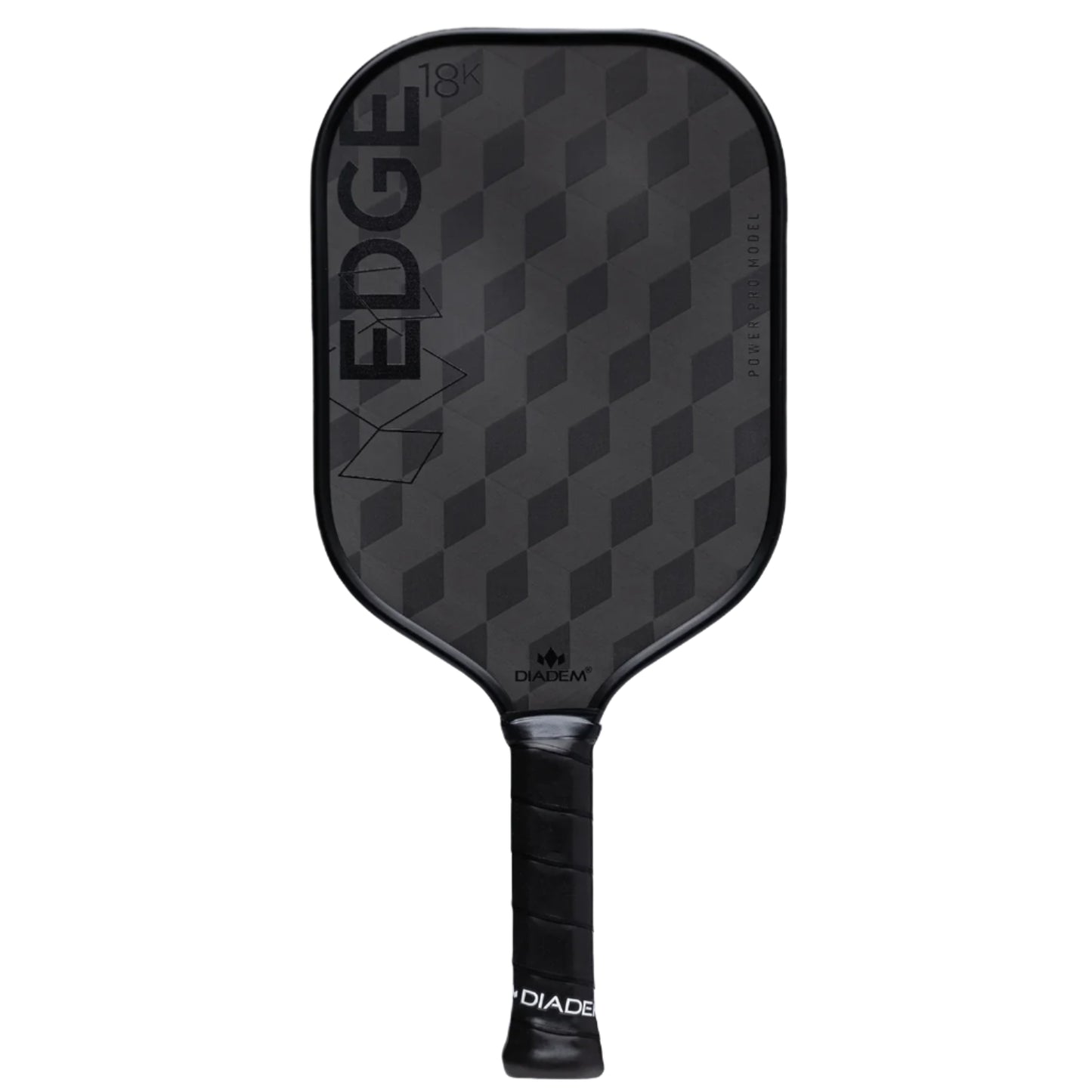 A black Diadem Edge 18K pickleball paddle with a geometric pattern and the brand name prominently displayed.