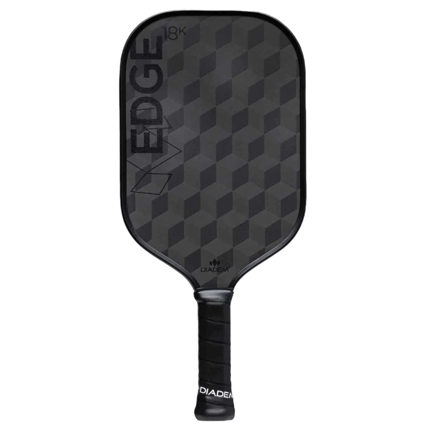 Black pickleball paddle with geometric pattern on a white background