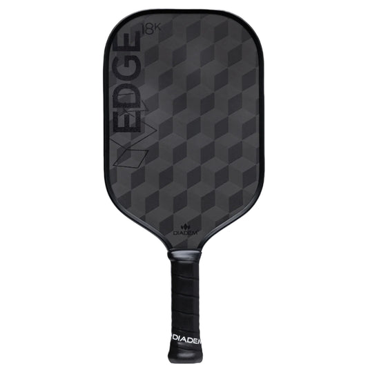 Black pickleball paddle with geometric pattern on a white background