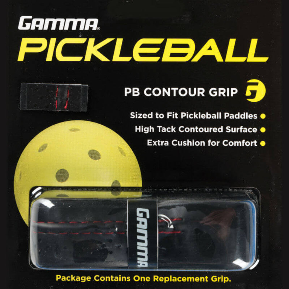 Packaging for GAMMA Pickleball Contour Grip featuring the grip itself with a black and yellow pickleball in the background, highlighting the product's features and size.