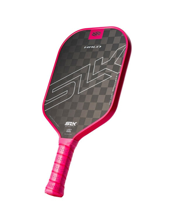 Pink and black pickleball paddle with 'SLK' branding on a white background