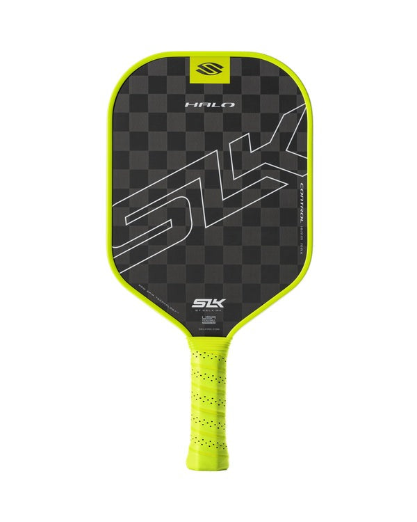 Pickleball paddle with checkered design and yellow handle on a white background