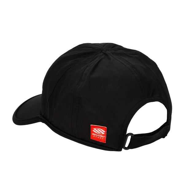 Black cap with a red logo on a white background