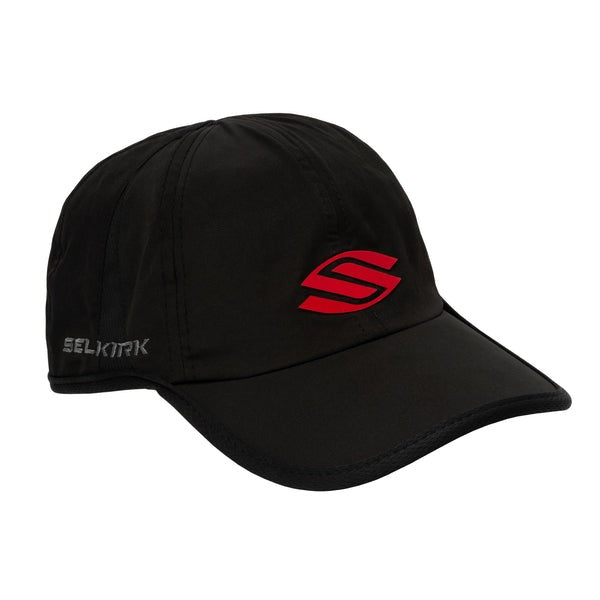 Black cap with a red logo on a white background