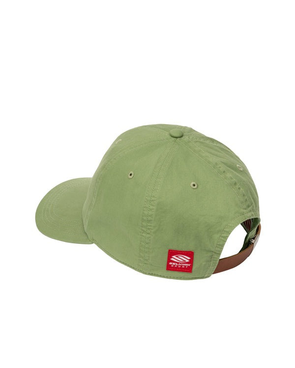 Green cap with a red logo on a white background