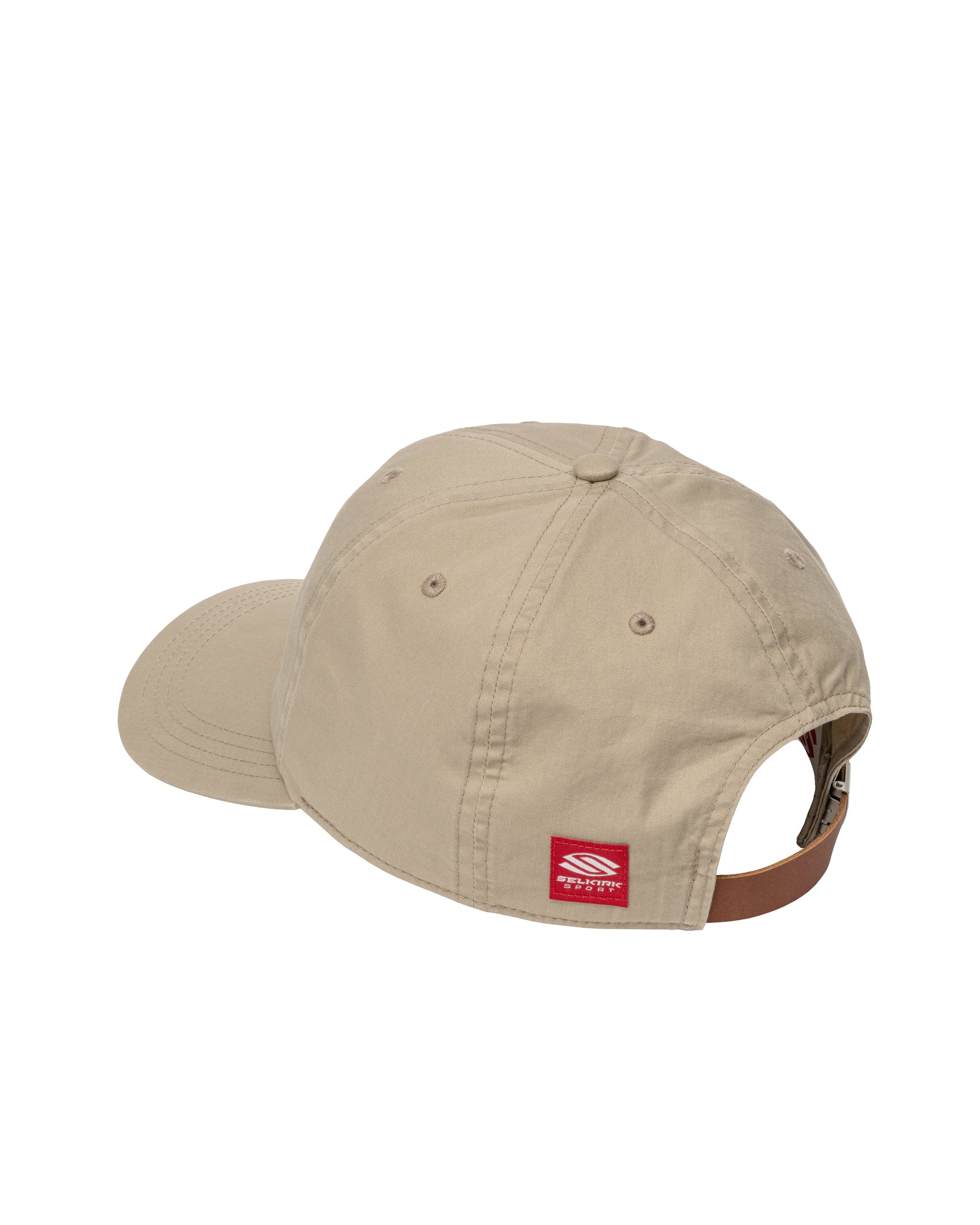 Beige cap with a red logo on a white background