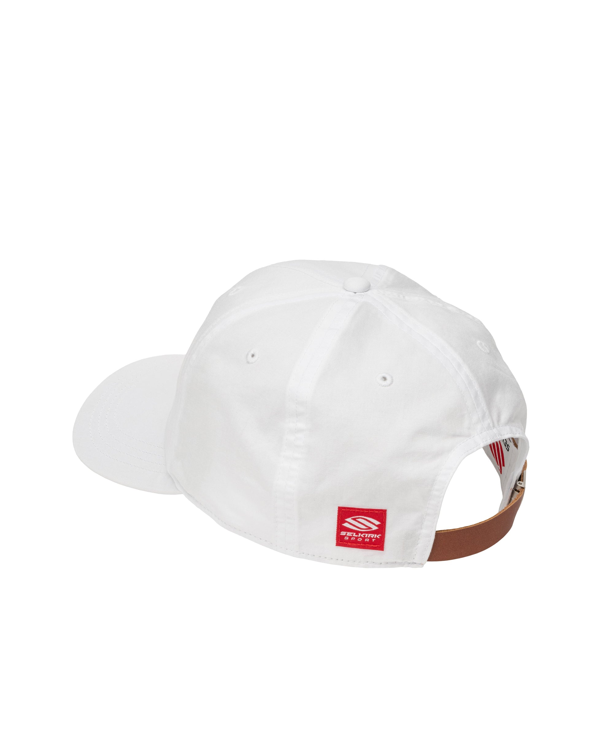 White cap with a red logo on a white background