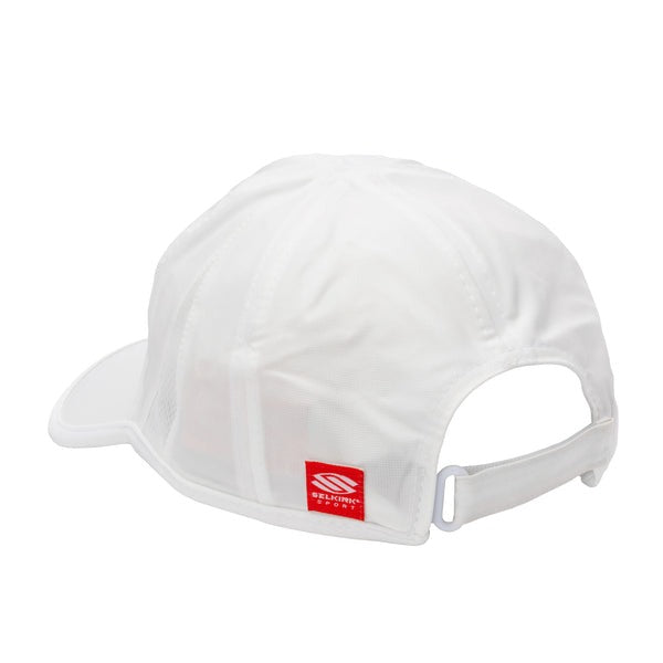 White cap with a red logo on a white background