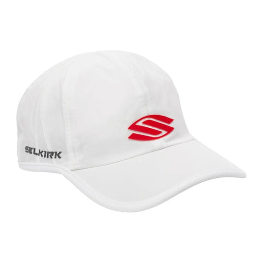 White cap with red logo and 'Selkirk' text on a white background