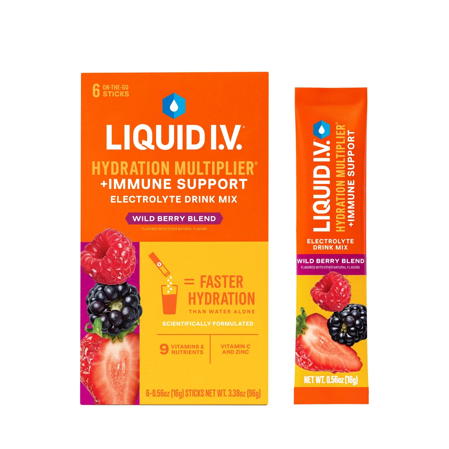 Packaging of Liquid I.V. wild berry blend flavored hydration powder