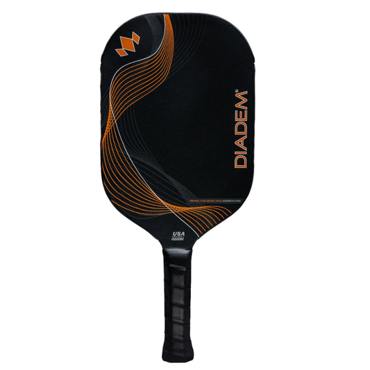 Black and orange pickleball paddle with Diadem branding on a white background
