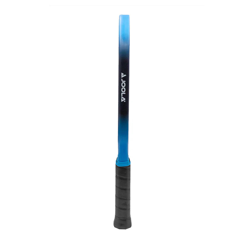 A JOOLA pickleball paddle with a black surface and blue accents, featuring a long handle and a grip in the middle.