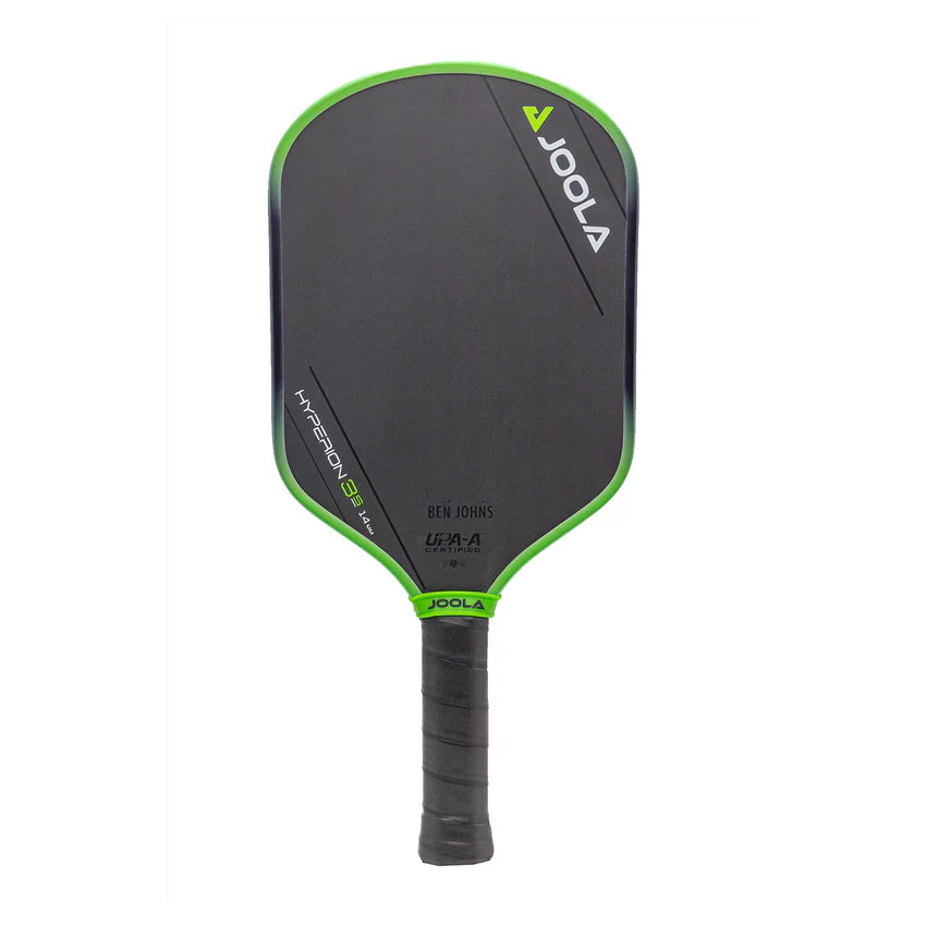 A JOOLA Ben Johns Hyperion 3S 14mm pickleball paddle with a black surface and green details, including a grip and branding on the handle.