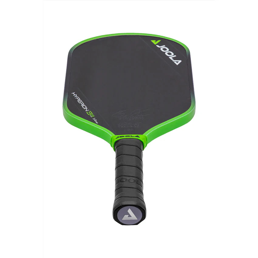 A JOOLA Ben Johns Hyperion 3S 14mm pickleball paddle with a black surface and green details, including a grip and branding on the handle.