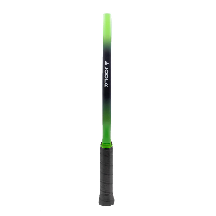 A JOOLA Ben Johns Hyperion 3S 14mm pickleball paddle with a black surface and green details, including a grip and branding on the handle.