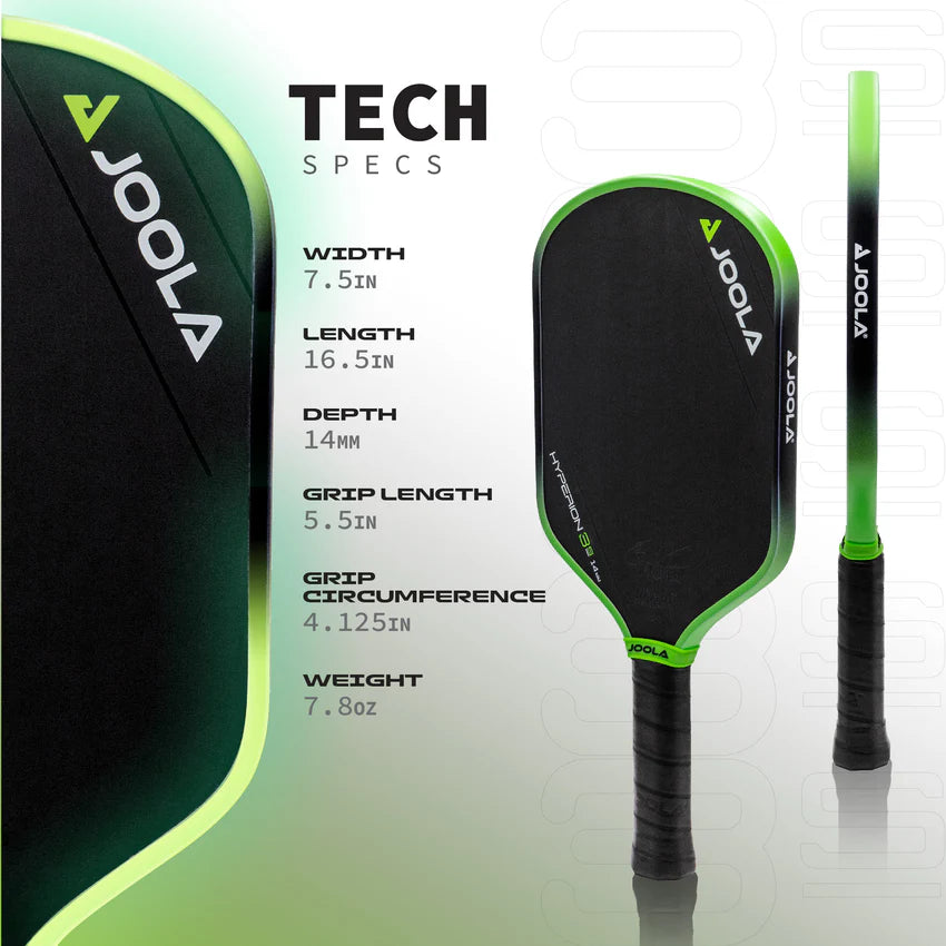 A JOOLA Ben Johns Hyperion 3S 14mm pickleball paddle with a black surface and green details, including a grip and branding on the handle.