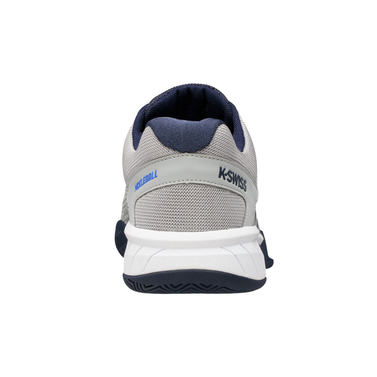 A K-Swiss Express Light 2E Wide Pickleball Shoe for Men in gray and blue color with a lace-up closure.