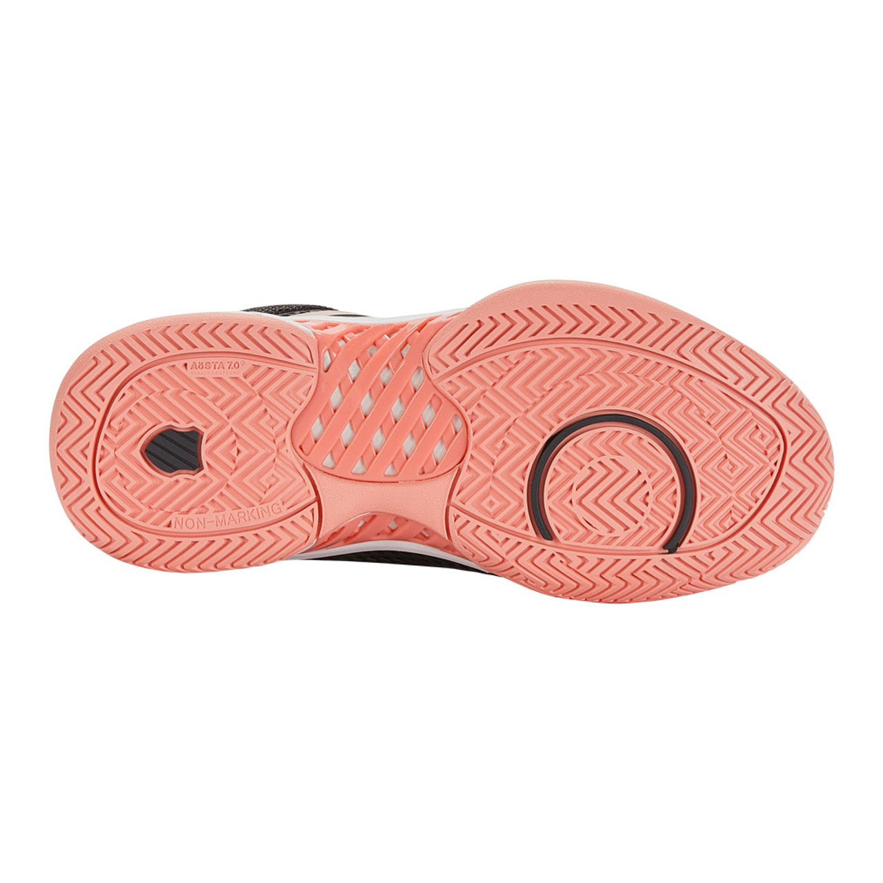 K-Swiss Express Light Pickleball Shoe featuring a coral and black color scheme with a lace-up closure and a rubber outsole.