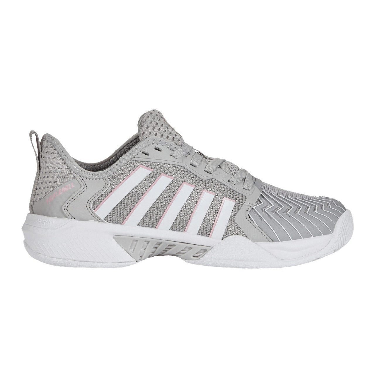 k swiss womens grey athletic shoe with white stripes down the side