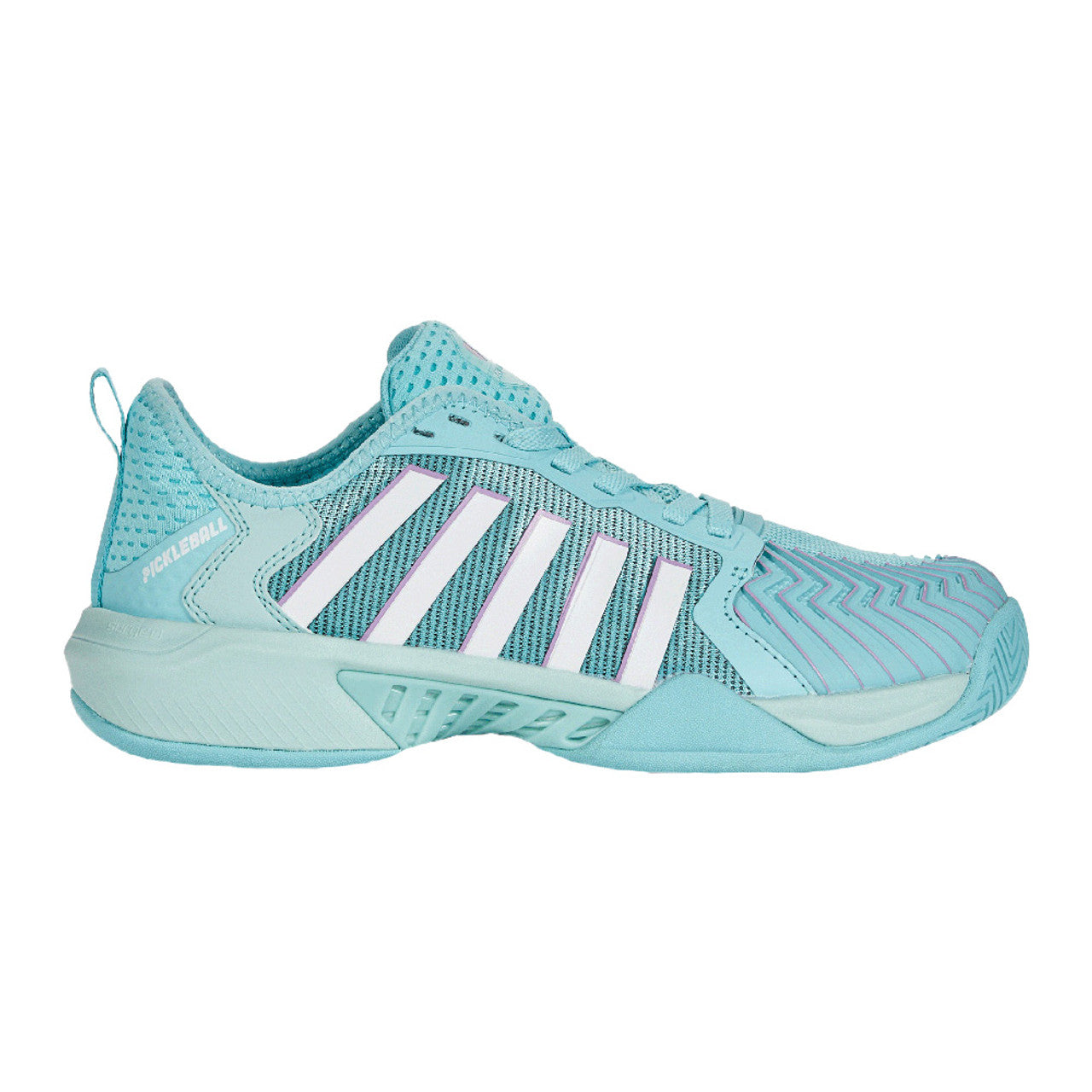 Kswiss womens blue athletic shoe with white stripes down the side