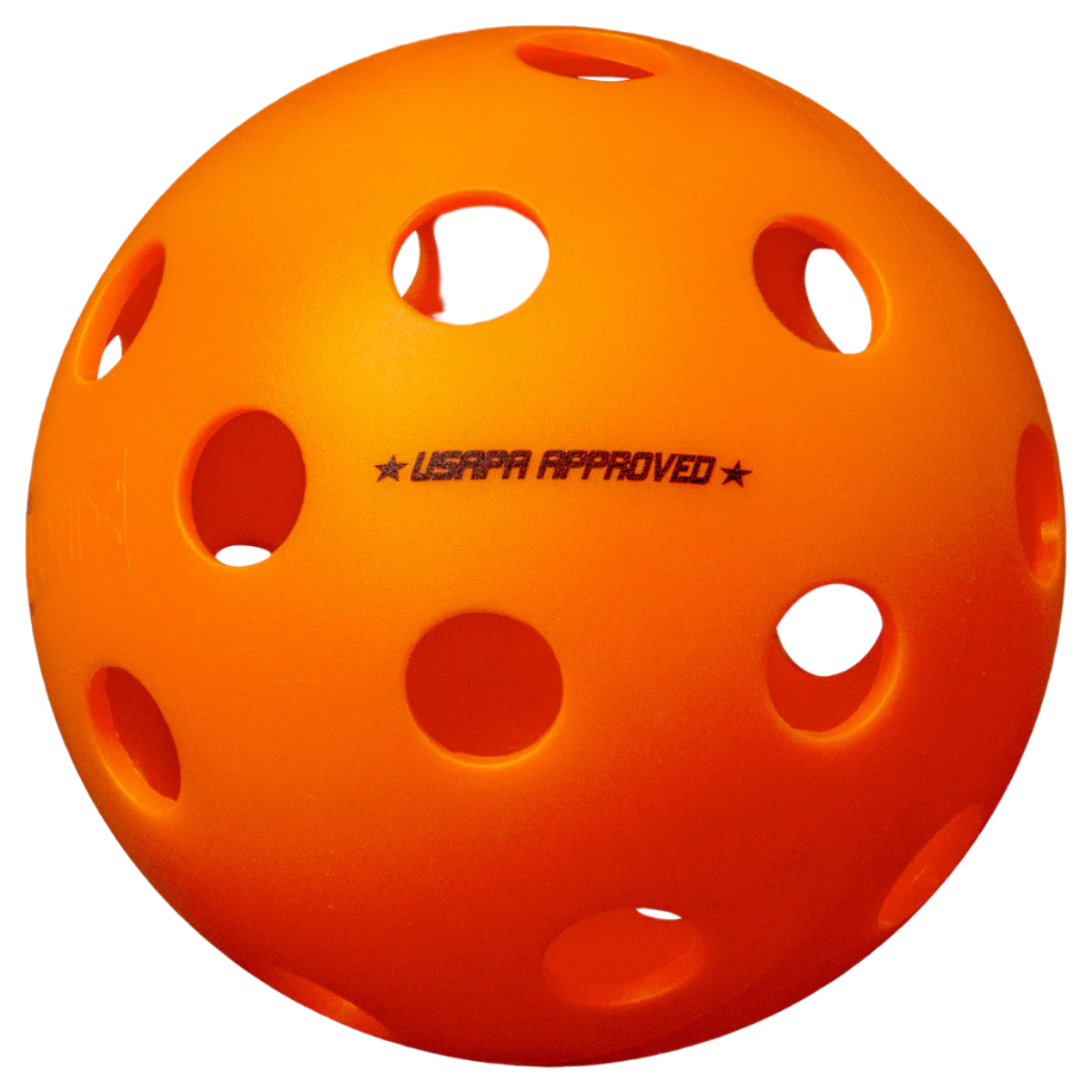 An orange Onix Fuse indoor pickleball with precision-drilled holes and 'USA Approved' text printed on it.