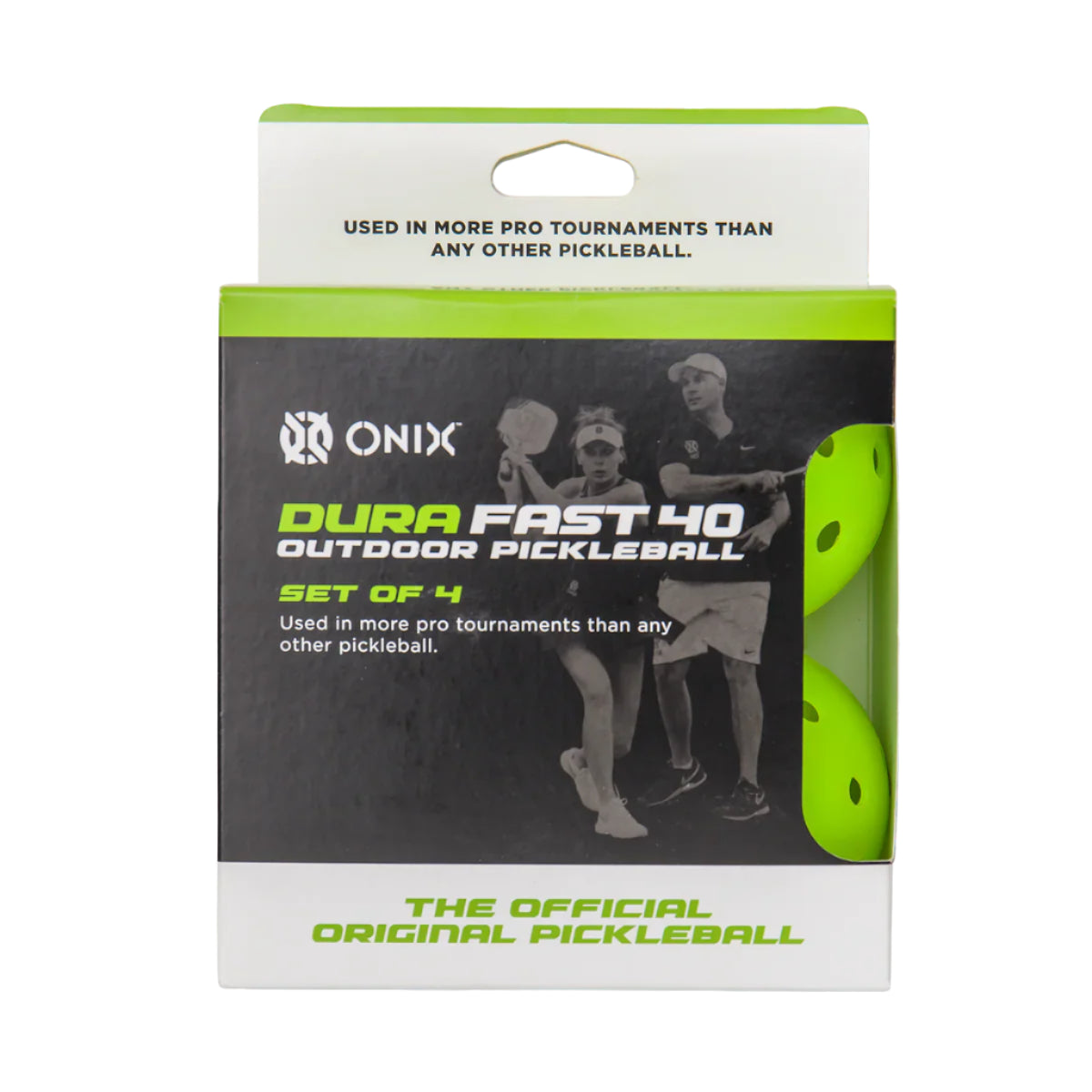 Onix Dura Fast 40 outdoor pickleball packaging with two players on a pickleball court.