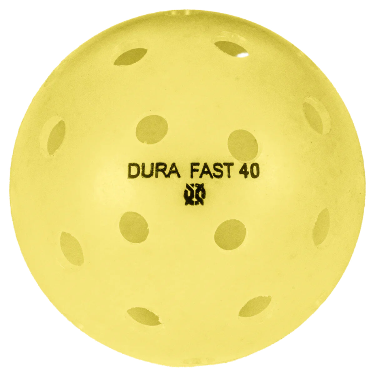 Yellow pickleball with 'Dura Fast 40' branding on a white background