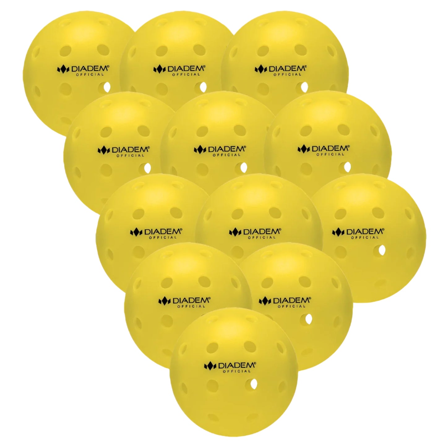 Twelve yellow Diadem Official outdoor pickleballs with visible branding on the surface.