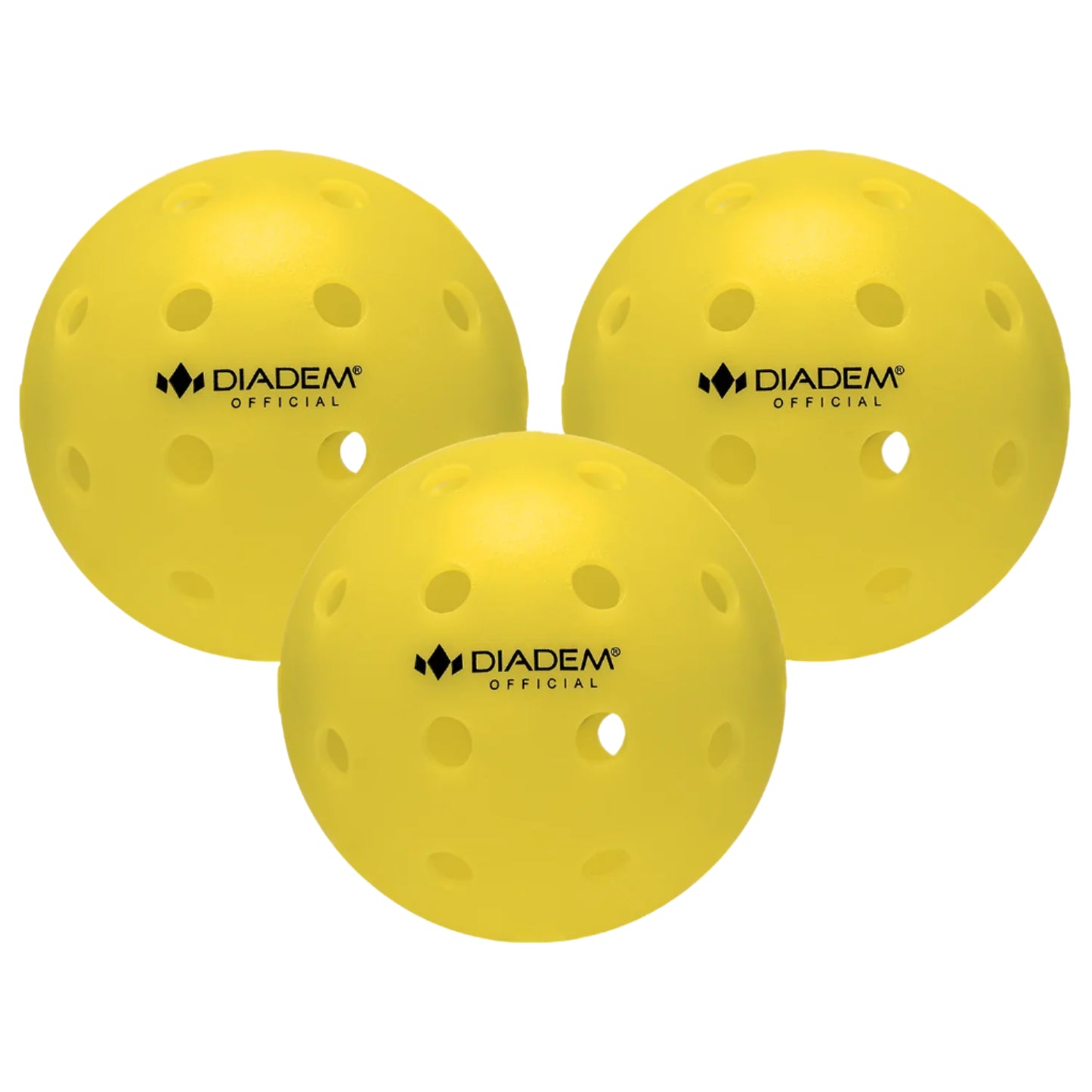 Three yellow Diadem pickleball balls on a white background