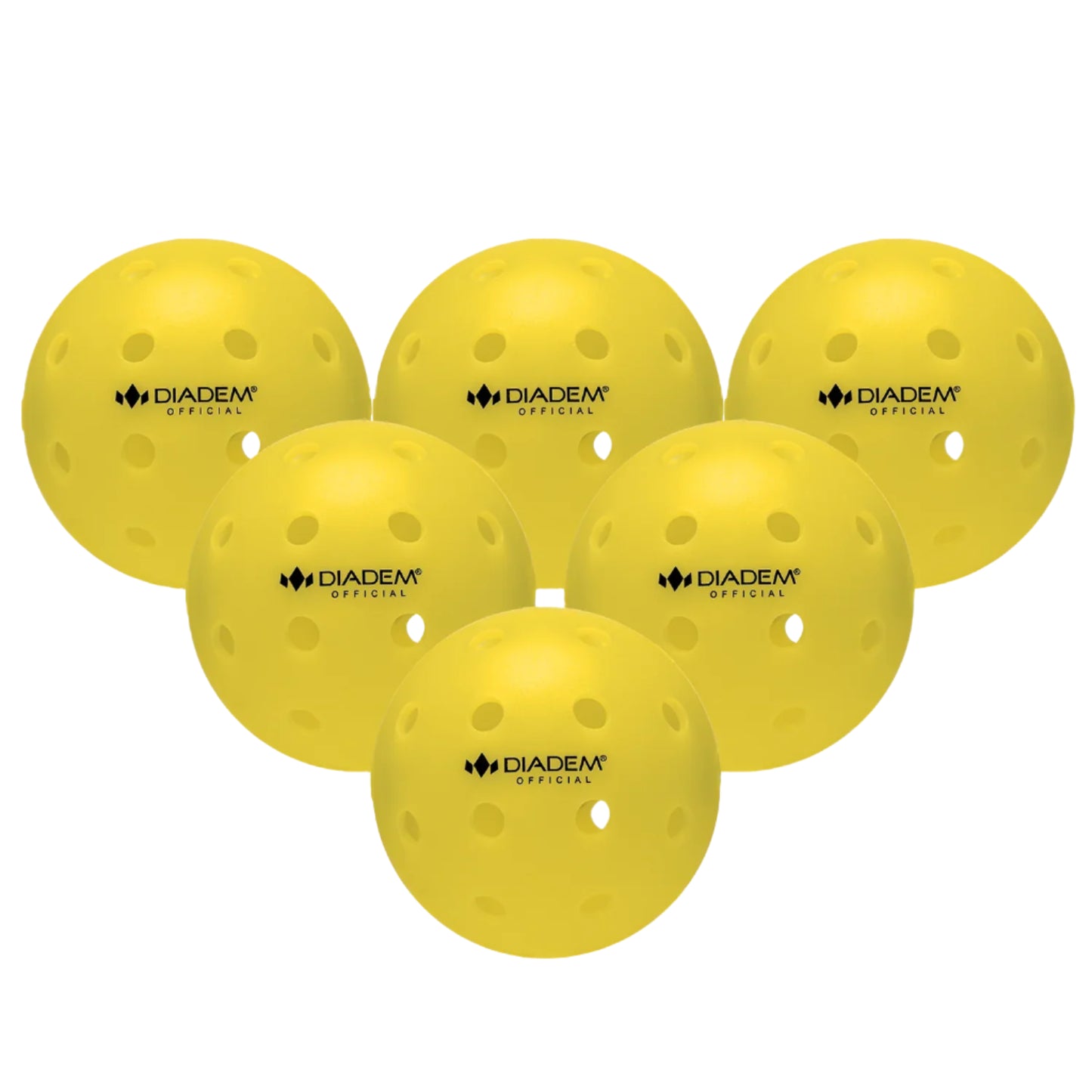Six yellow Diadem Official outdoor pickleballs with visible branding on the surface.