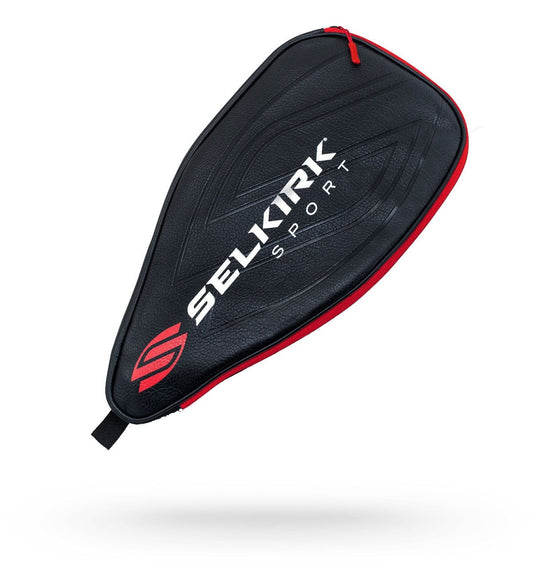 Black and red pickleball paddle case with Selkirk Sport logo on a white background