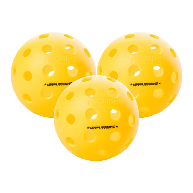 Three yellow Onix Fuse G2 outdoor pickleballs with 40-hole design, displayed against a white background.