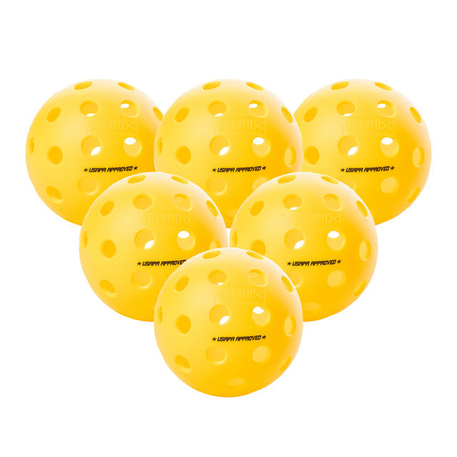 Six yellow Onix Fuse G2 outdoor pickleballs with 40-hole design, displayed against a white background.
