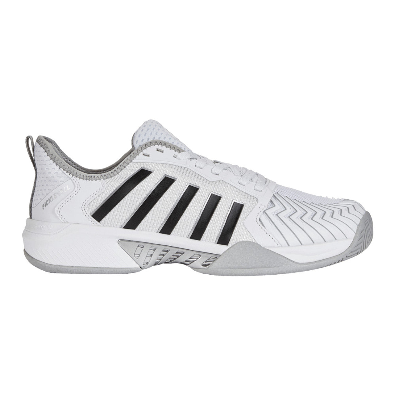 A pair of K-Swiss Pickleball Supreme Court shoes for men in white and black color with a distinctive design and sole.