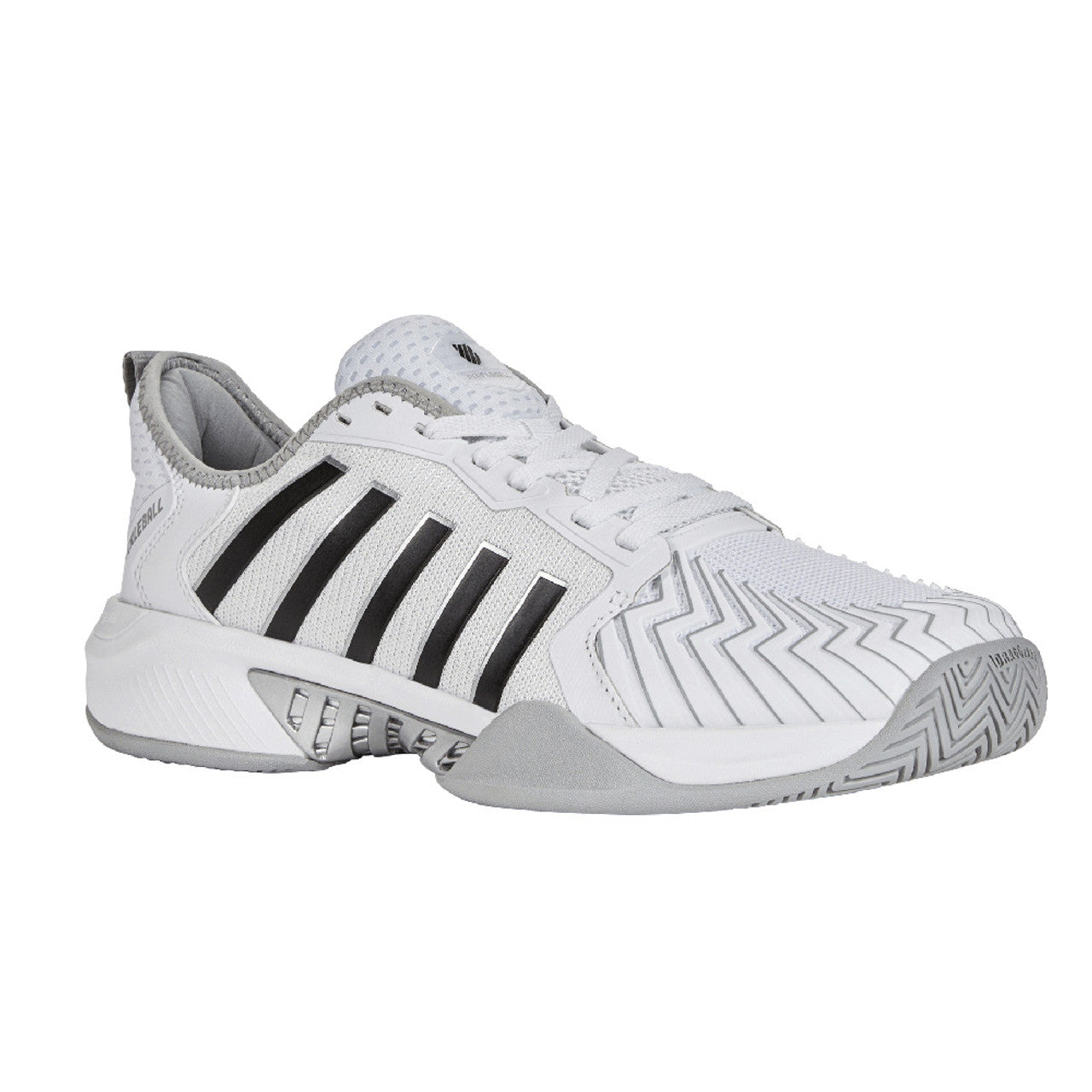 A pair of K-Swiss Pickleball Supreme Court shoes for men in white color with a distinctive design and sole.