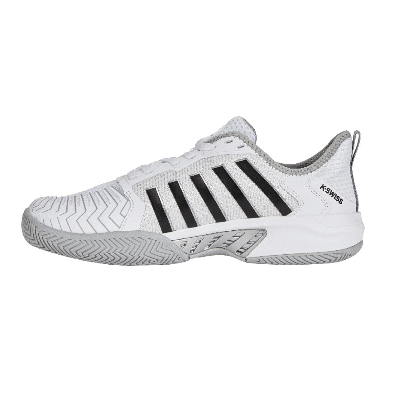 A pair of K-Swiss Pickleball Supreme Court shoes for men in white color with a distinctive design and sole.