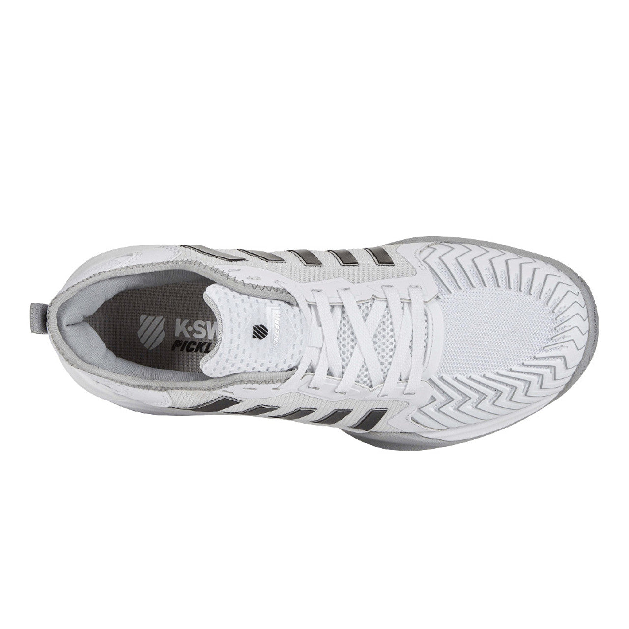 A pair of K-Swiss Pickleball Supreme Court shoes for men in white color with a distinctive design and sole.