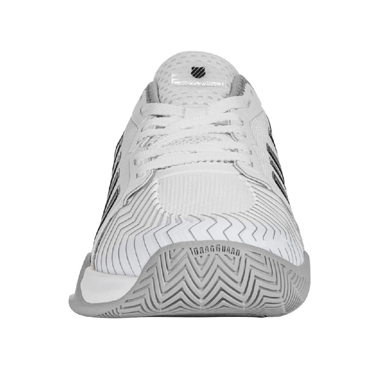 A pair of K-Swiss Pickleball Supreme Court shoes for men in white color with a distinctive design and sole.