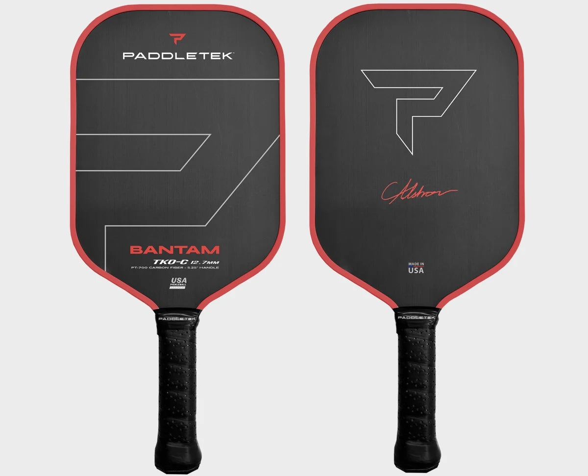 Two Paddletek Bantam TKO-C pickleball paddles, one with a black base and red details, and the other with a black top and red base. Both display the Paddletek brand and product name.