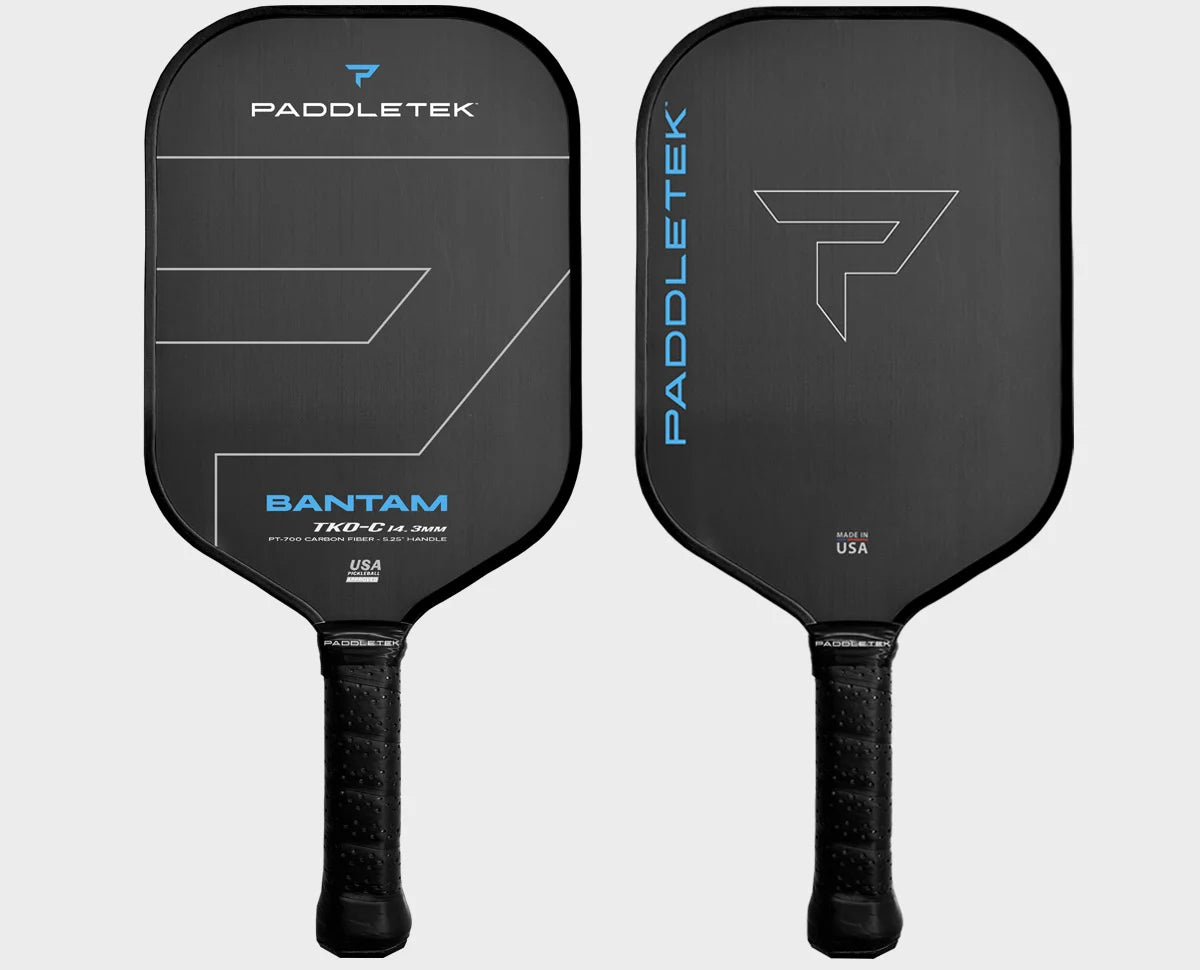 Two Paddletek Bantam TKO-C pickleball paddles, with black coloring and blue lettering , both featuring the Paddletek logo and Christian Alshon's signature.