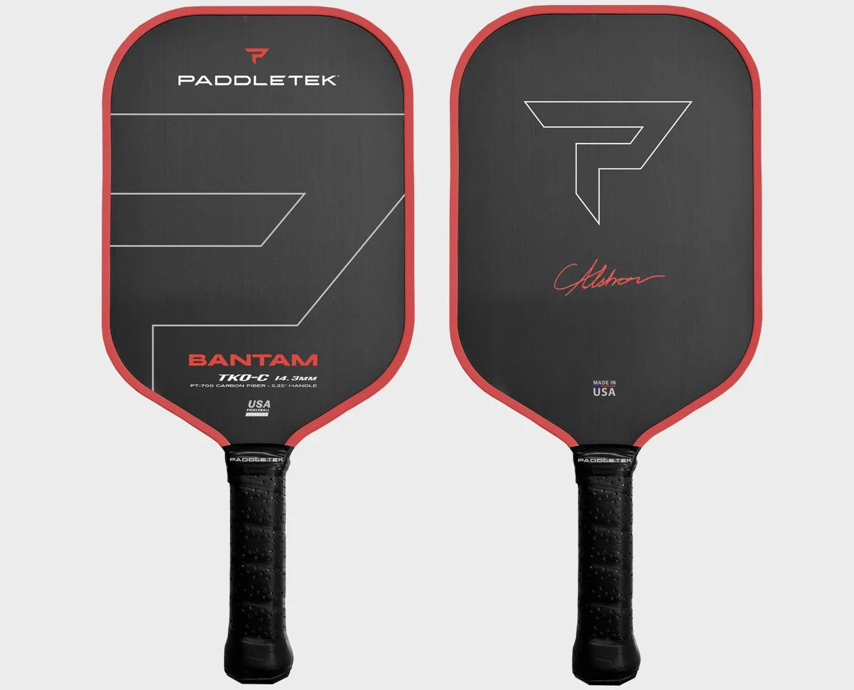 Two Paddletek Bantam TKO-C pickleball paddles, with black coloring and red outline, featuring the Paddletek logo and Christian Alshon's signature.